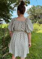 Happiness Trails Boutique - A soft neutral oatmeal tone beautifully complemented by blue floral accents dress