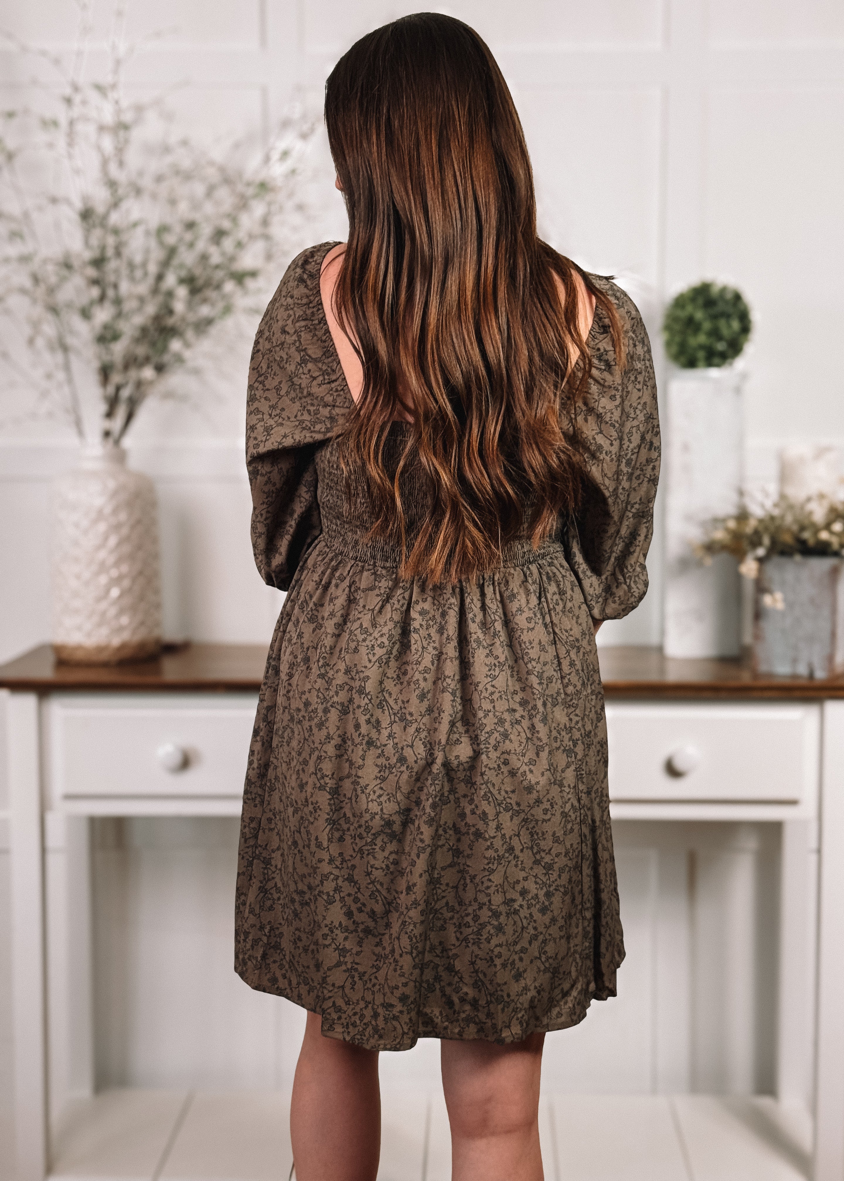 Happiness Trails Boutique - Golden olive with black floral mini dress