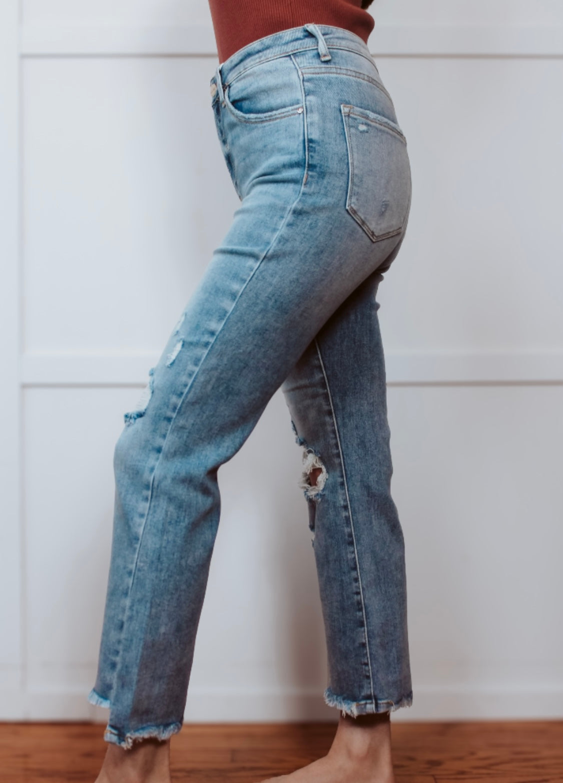 Happiness Trails Boutique - Risen jeans high rise cropped light denim with distressing