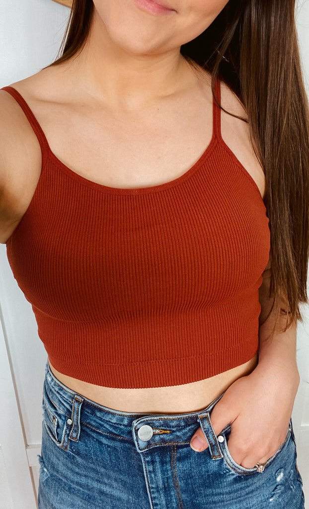 rust ribbed cropped tank top