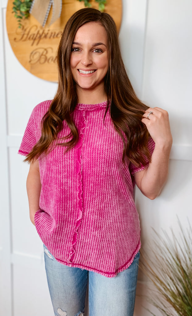 pink waffle knit short sleeve top