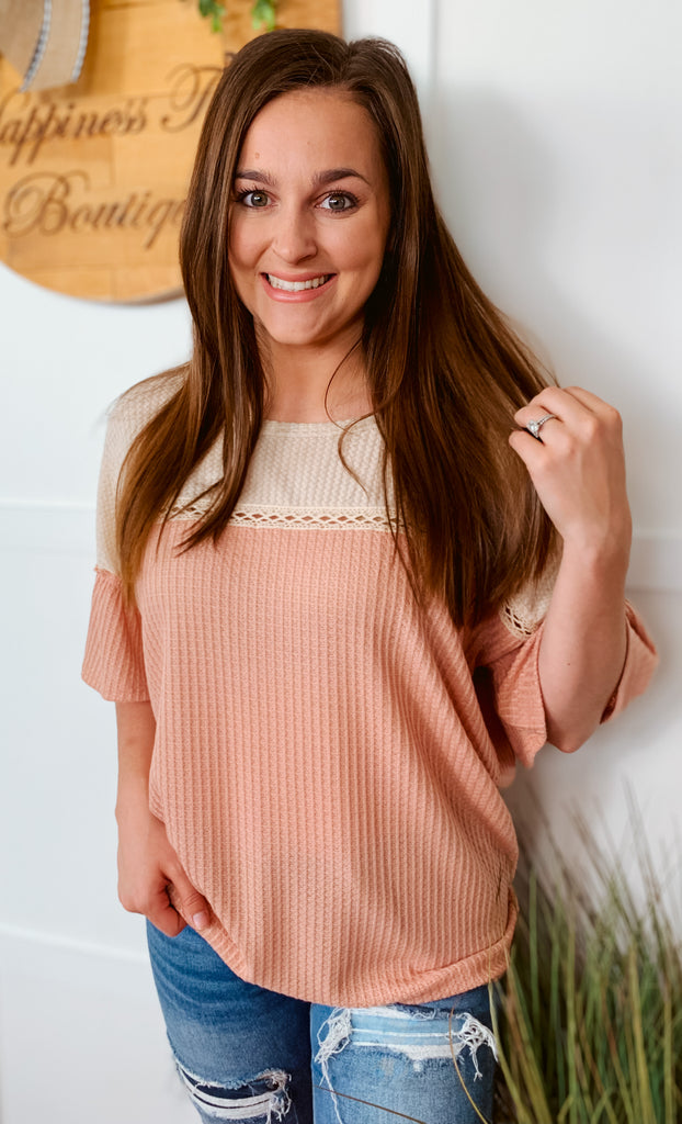 Oatmeal and blush colorblock short sleeve top