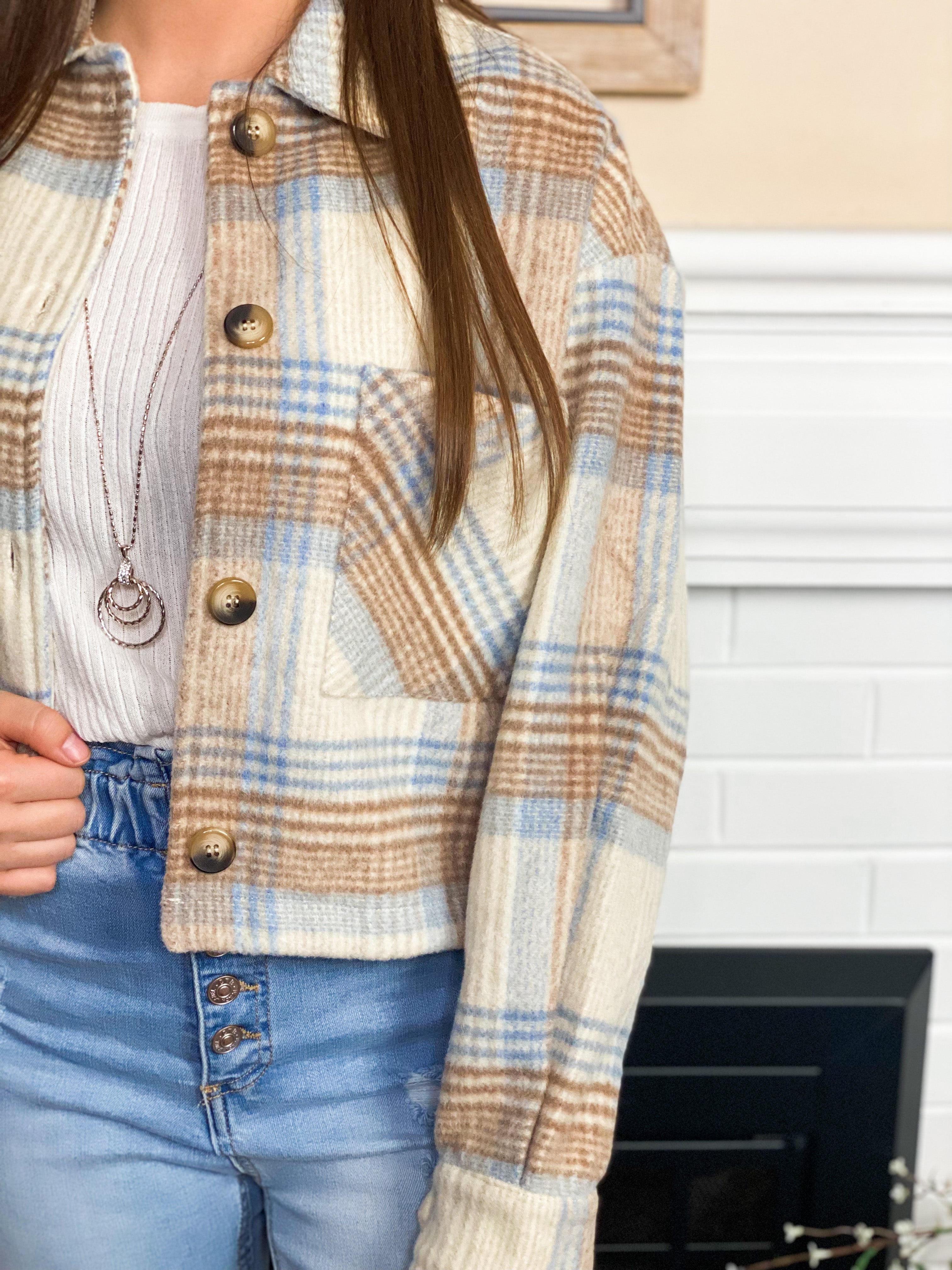 Taupe and light blue plaid jacket