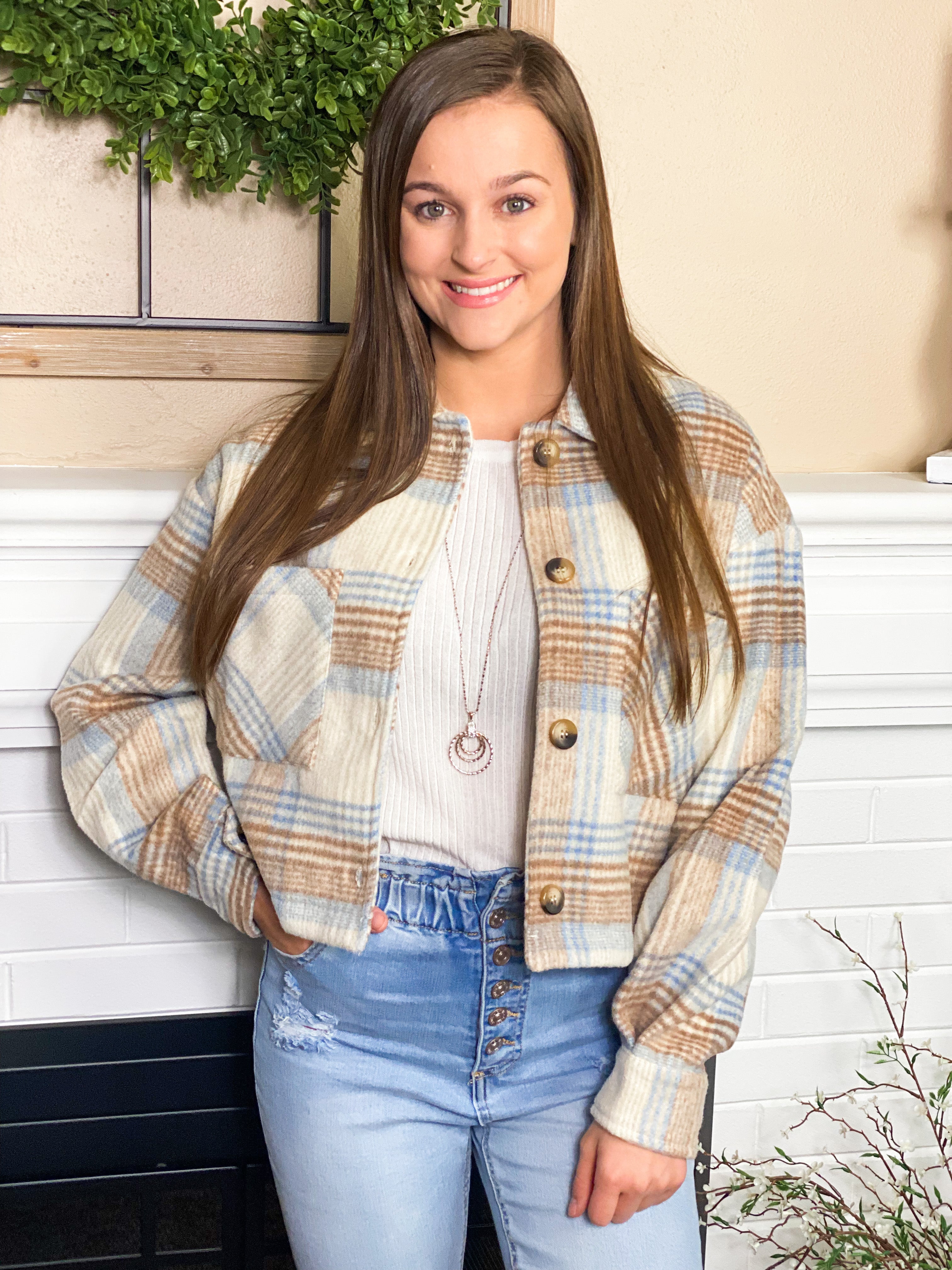 Taupe and light blue plaid jacket