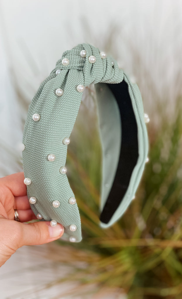 Sage knotted pearl headband