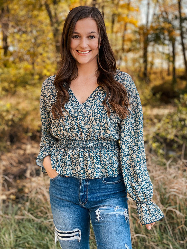 Teal floral long sleeve blouse