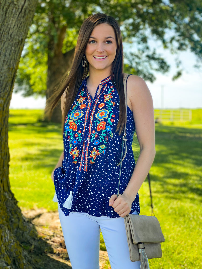 Navy sleeveless embroidered top