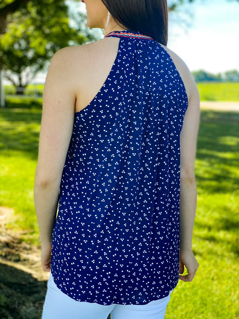 Navy sleeveless embroidered top